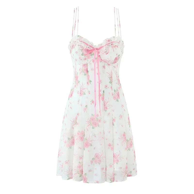 Romantic Sweet Floral Print Sexy Backless Sling Mini Dresses Pretty Girl A-line Summer Dresses