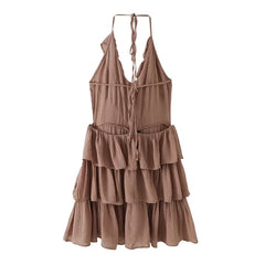 Brown Halter V-Neck Tiered Ruffle Mini Dresses