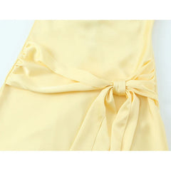 Sexy Backless Yellow Satin Mini Dresses Halter Tie Waist Cocktail Party Summer Vestidos