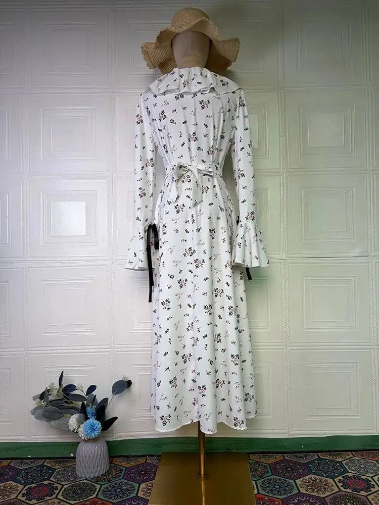 Sweet Printed Bandage Long Sleeved Slim Fit Midi Dresses