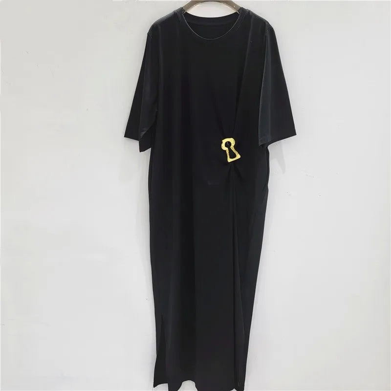 French Style Niche Metal Buckle Design Pleated Waist Short Sleeves Loose Casual Solid Color Dresses Summer