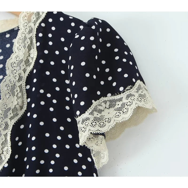 Navy Blue Polka Dot Long Dresses