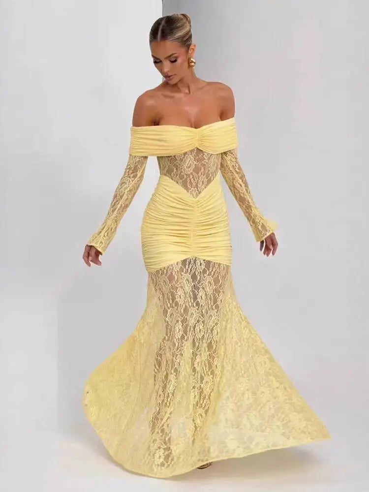 Fashionable Slash Neck Long Sleeved Hollow Lace Patchwork Hip Hugging Dresses