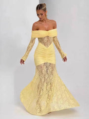Fashionable Slash Neck Long Sleeved Hollow Lace Patchwork Hip Hugging Dresses