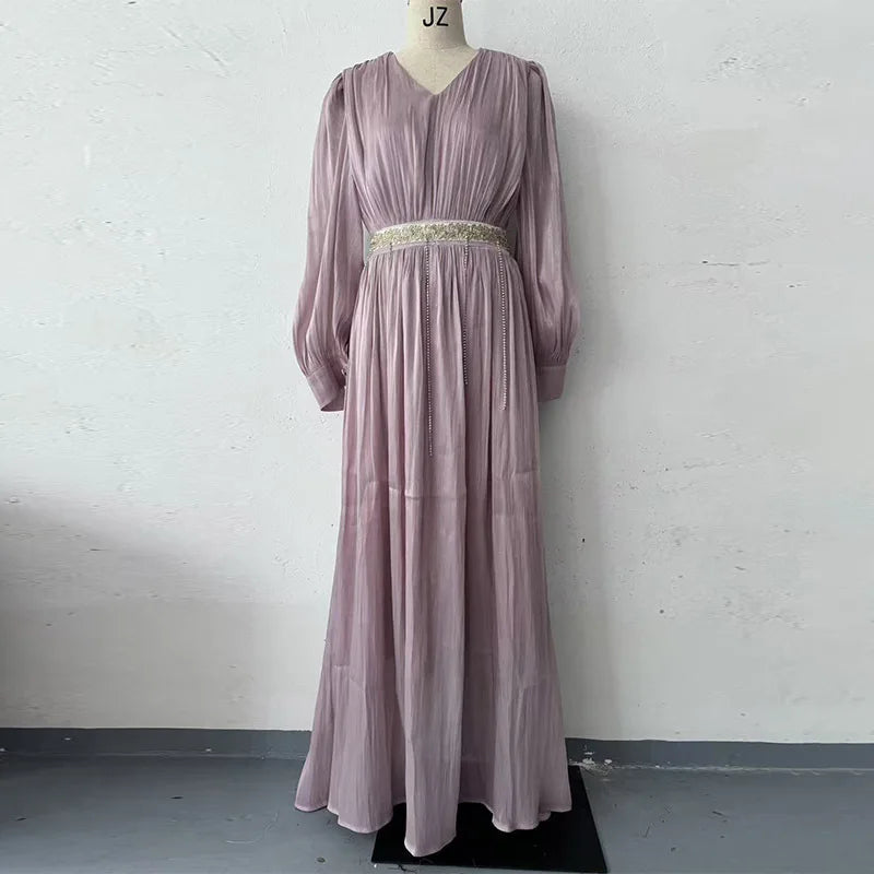 Sexy V-neck Pleated Sheer Long Sleeve Flared Dresses