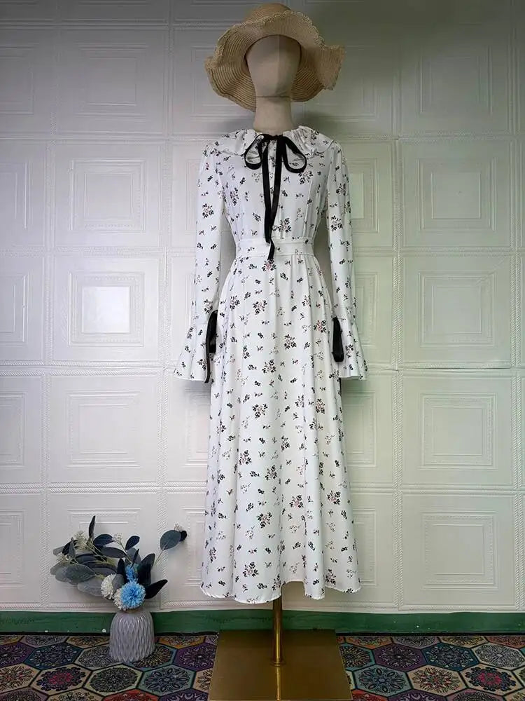 Sweet Printed Bandage Long Sleeved Slim Fit Midi Dresses