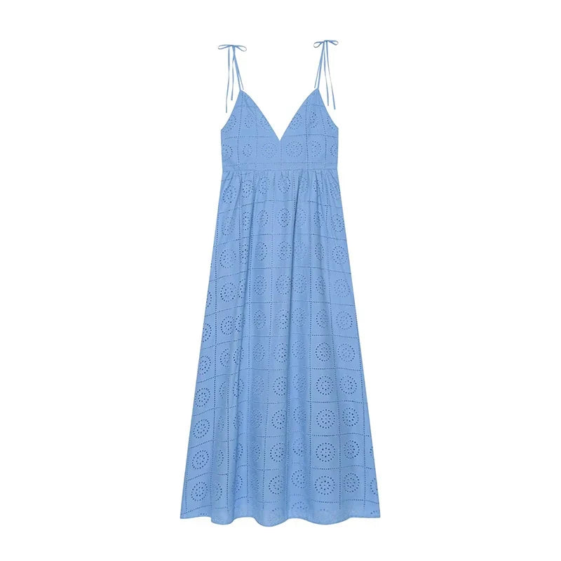 Summer Hollow Out Embroidery Sling Midi Dresses