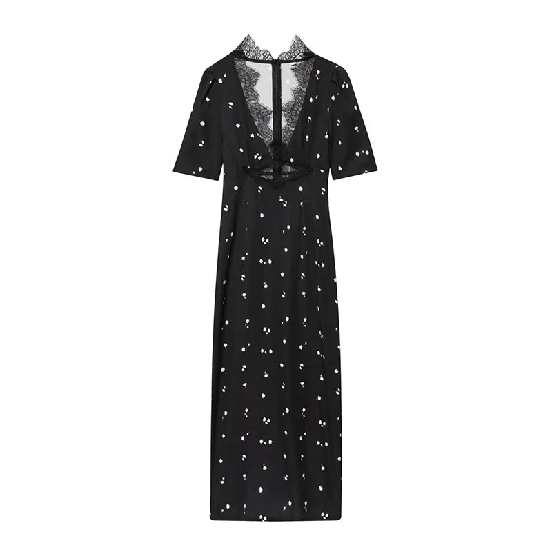 European And American Sexy Lace Trim Printed V Neck Short Sleeve Dresses