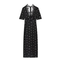 European And American Sexy Lace Trim Printed V Neck Short Sleeve Dresses