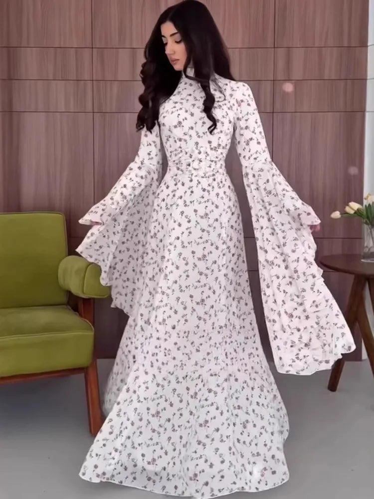 Summer Turtleneck Long Flare Sleeves Printing Elegant Waist-Cinching Formal Dresses