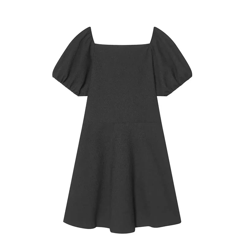 Vintage Puff Sleeve A-line Short Black Dresses Female Vestidos