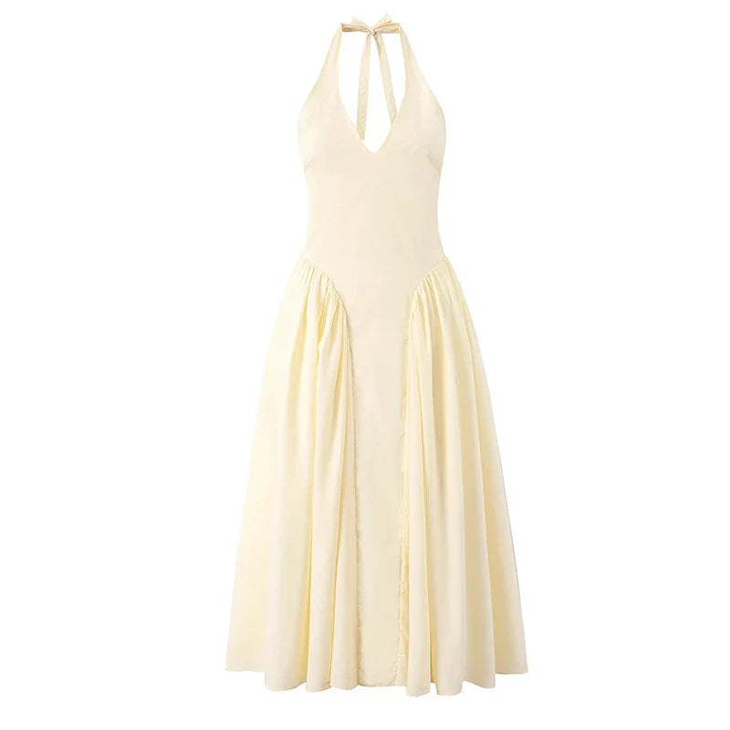 Sexy Backless Halter Yellow Midi Long Dresses