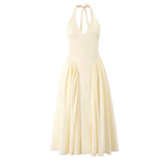Sexy Backless Halter Yellow Midi Long Dresses