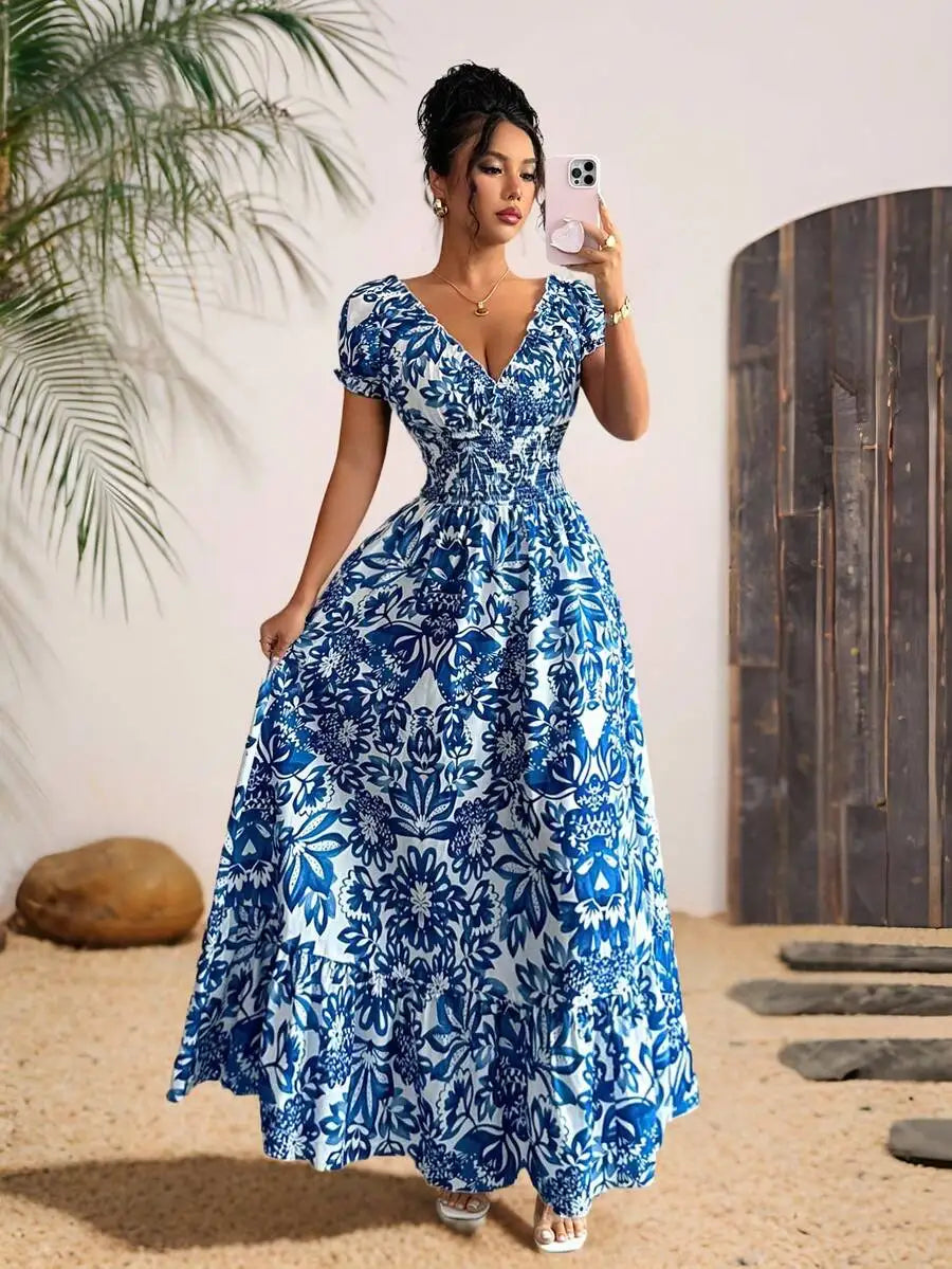 Elegant Charming Long Dress, Lightweight Woven Floral Puff Sleeve Open Back Shirred Waist Slim Dresses