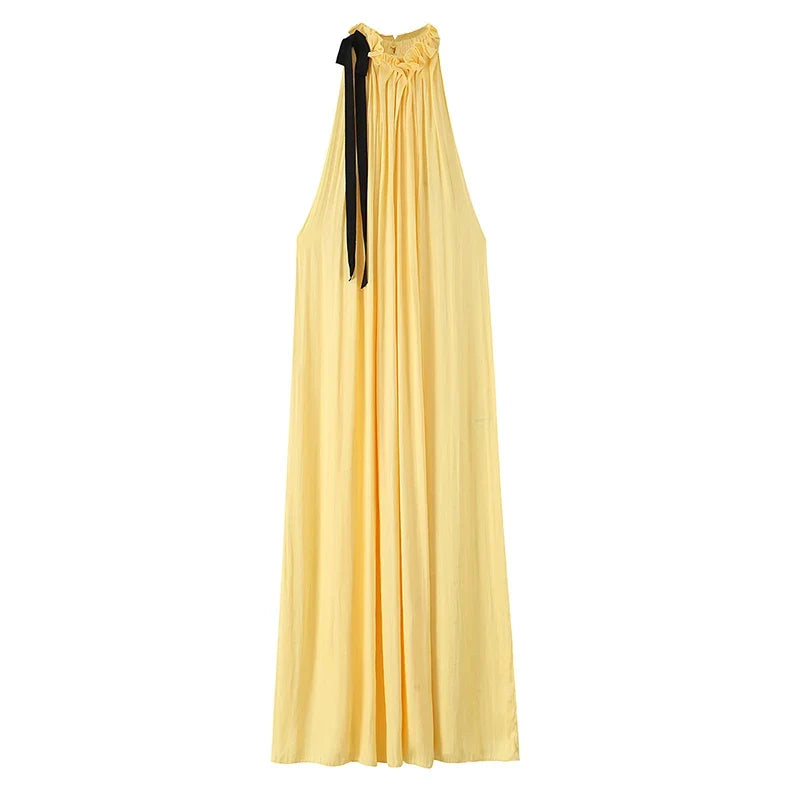 Contrasting Bow Tie Satin Halter Dresses