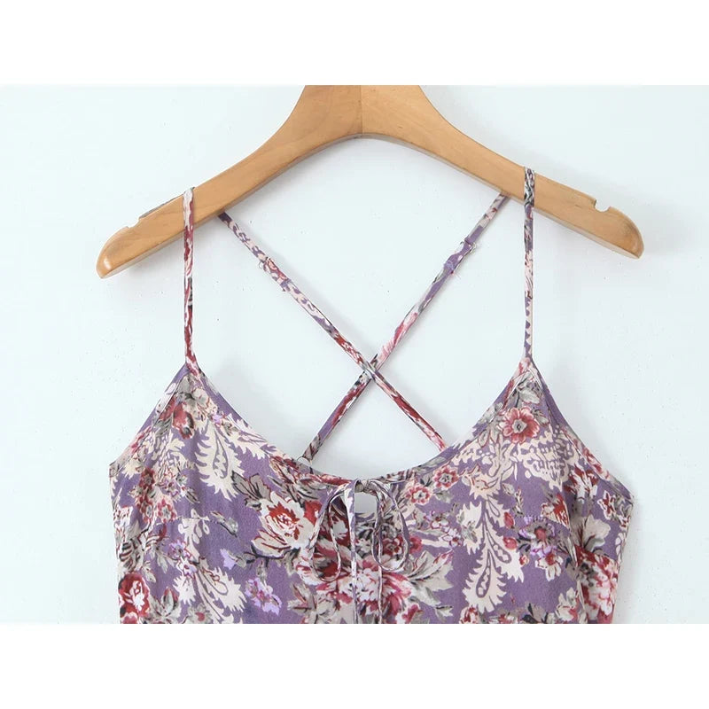 Purple Floral Print Big Swing Sling Boho Dresses