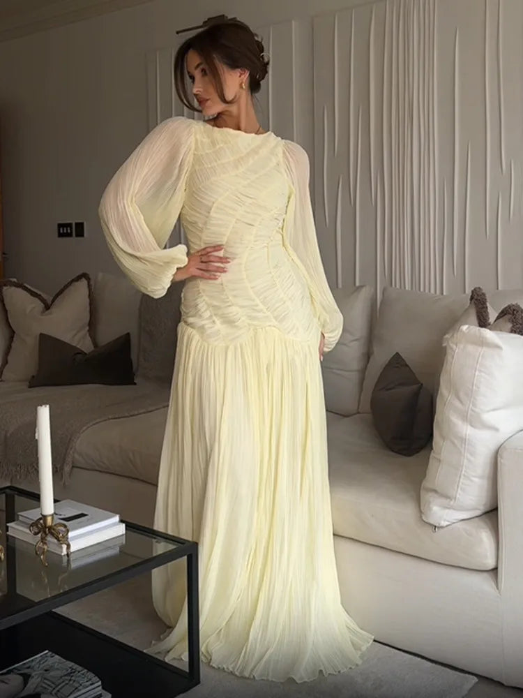 Autumn Summer Pleated Pullover Elegant Ruched Waist Glass Sand Long Sleeve Dress