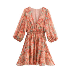 Vintage Puff Sleeve V Neck Floral Print Short Dresses