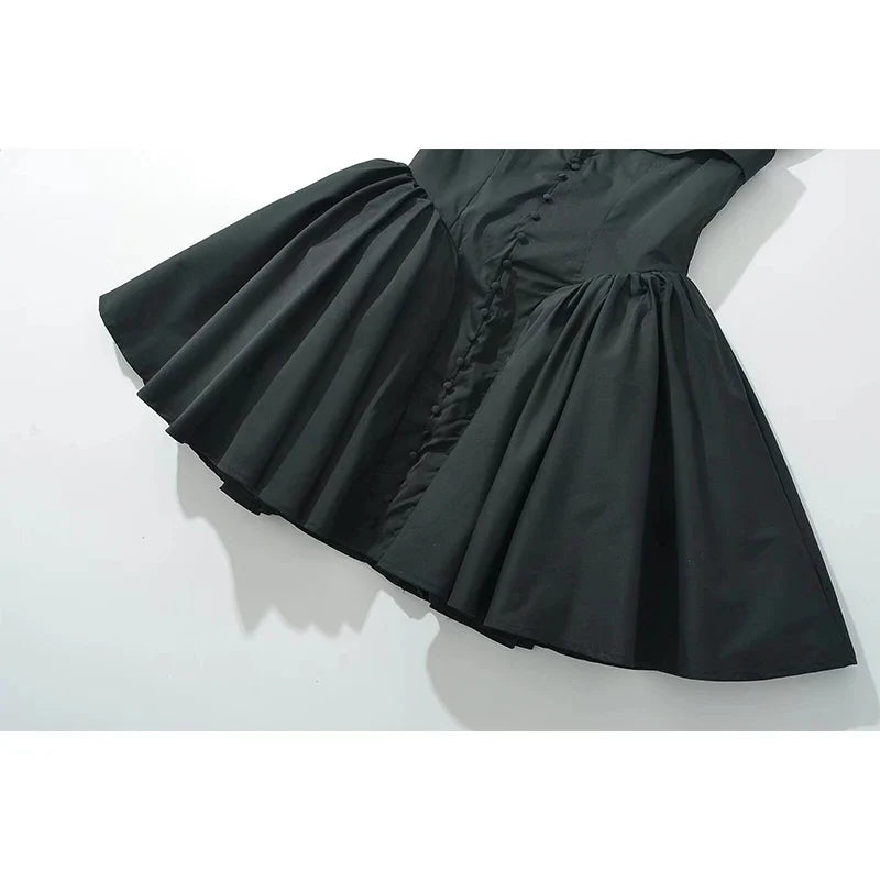 Sexy Front Slit Button Chic Fit Slim Black Mini Dresses Cape Short Sleeve Low Waist Elegant Evening Party Dresses