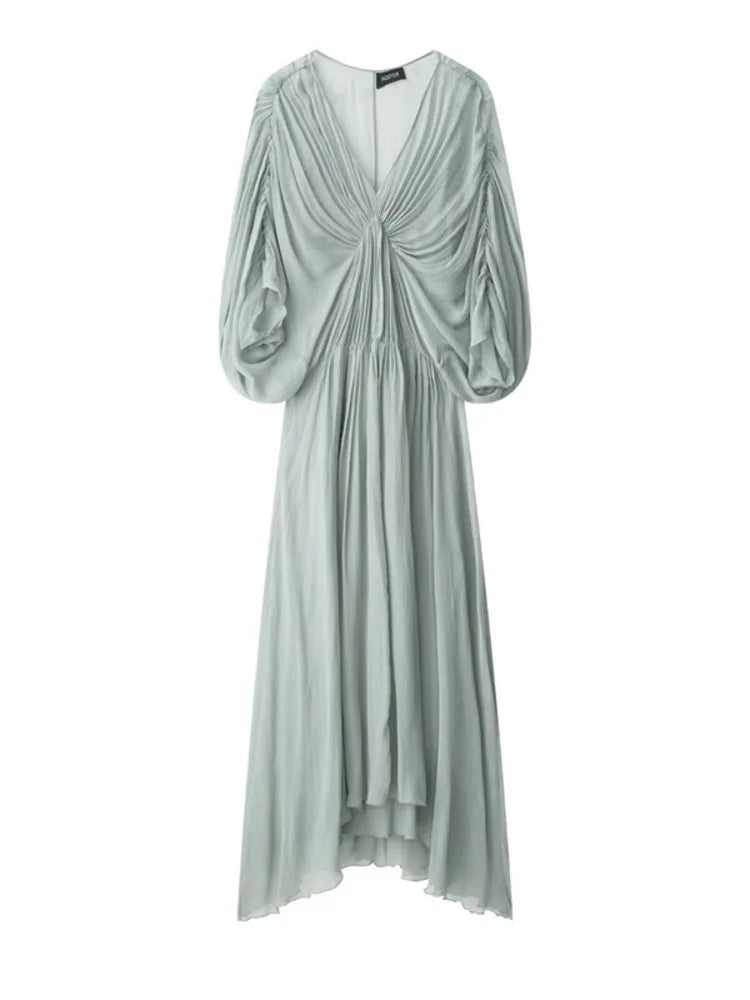 summer V-neck lantern batwing sleeves pleated green color slim high waist pullover loose Dresses