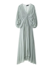summer V-neck lantern batwing sleeves pleated green color slim high waist pullover loose Dresses