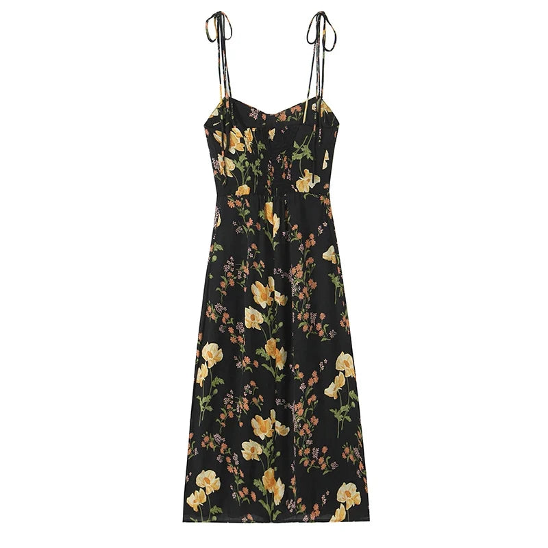 French Style Vintage Floral Print Sling Dresses