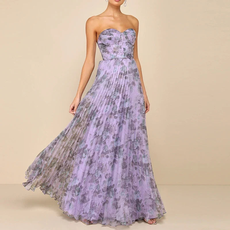 Female Casual Swing Holiday Party Dresses Strapless High Waist Pleated Bohemian Dresses