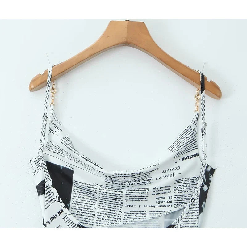 Newspaper Letter Print Irregular Hem Sling Dresses Backless Thin Straps With Chain Summer Sexy Dress