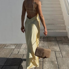 Yellow Satin Spaghetti Straps Sexy Dresses