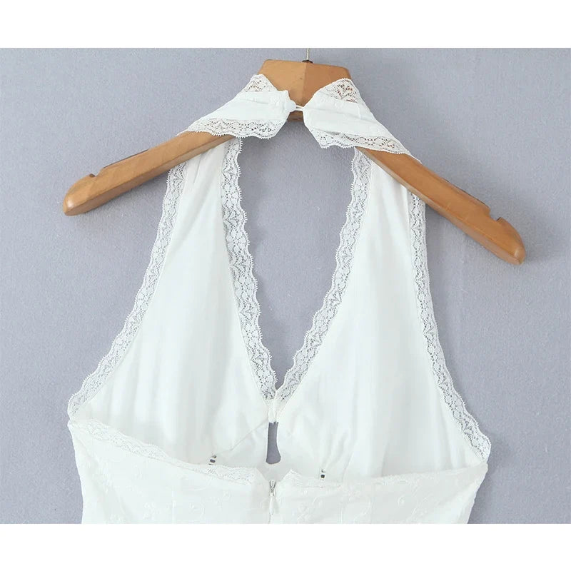 Sweet Girl Floral Embroidery White Halter Mini Dresses