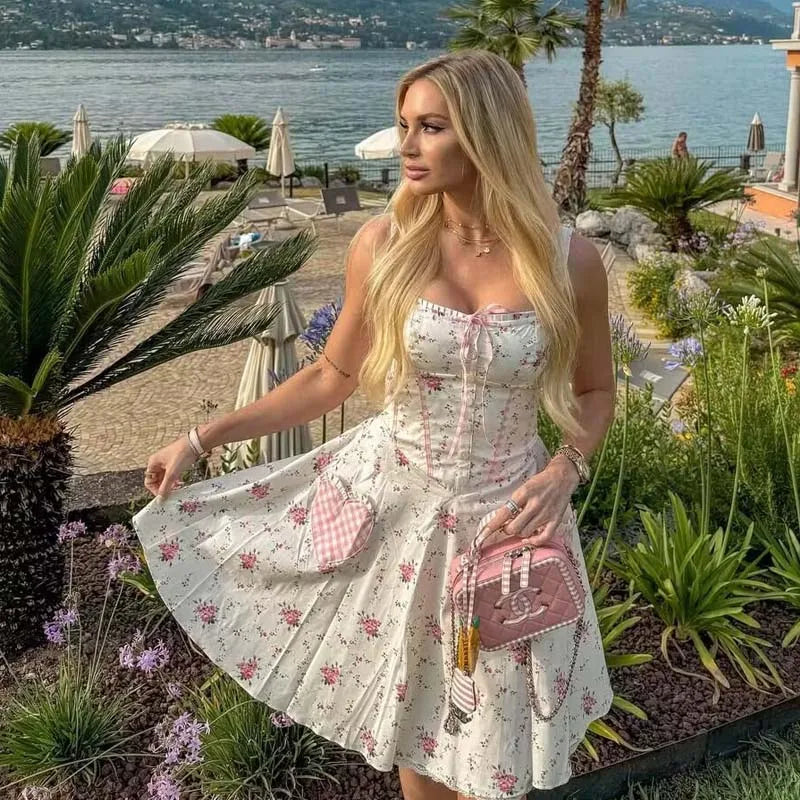 Sweet Floral Print Plaid Spliced Summer Mini Dresses