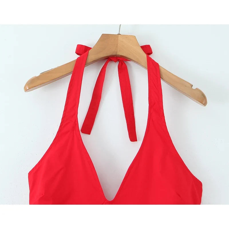 Red Elegant Slim Evening Party Dresses Sexy Backless Low Waist A-line Midi Long Halter Dresses