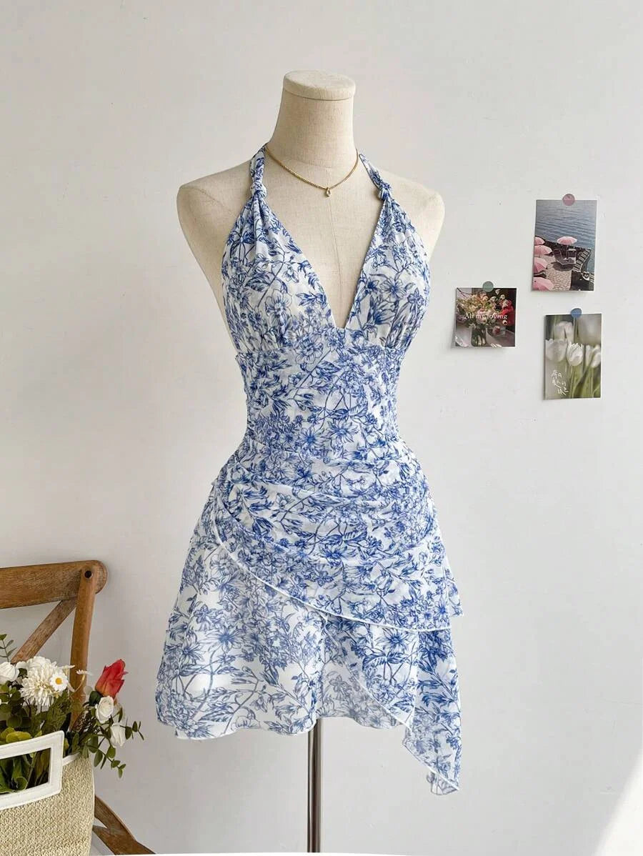 Summer Blue Floral Mesh Dress, V Neck Sexy Elegant Sweet Slim Fit Casual Party Dress