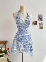 Summer Blue Floral Mesh Dress, V Neck Sexy Elegant Sweet Slim Fit Casual Party Dress