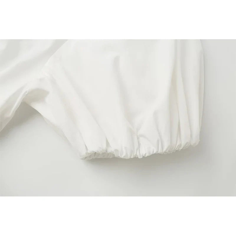 Elegant V-neck Puff Sleeve White Shirt Dresses