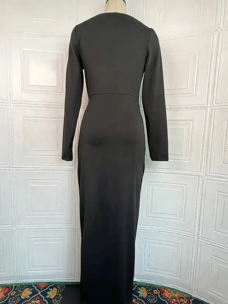 Retro Round Neck Long Sleeved Metal Buckle Waist Side Slit Dresses