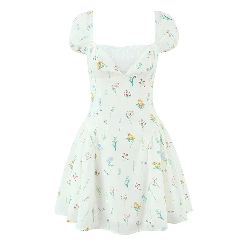 Pretty Girl Sweet Floral Print Summer Dresses Vintage Puff Sleeve A-line Mini Holiday Dresses