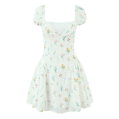 Pretty Girl Sweet Floral Print Summer Dresses Vintage Puff Sleeve A-line Mini Holiday Dresses