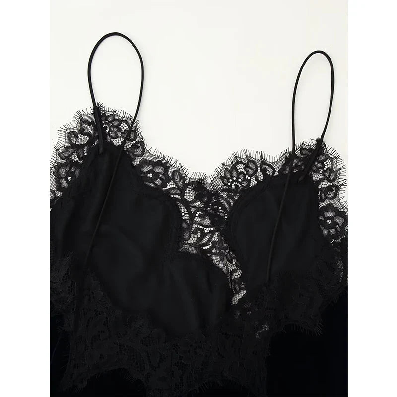 Thin Straps V Neck Lace Trim Velvet Mini Dresses Asymmetrical Sexy Vestidos