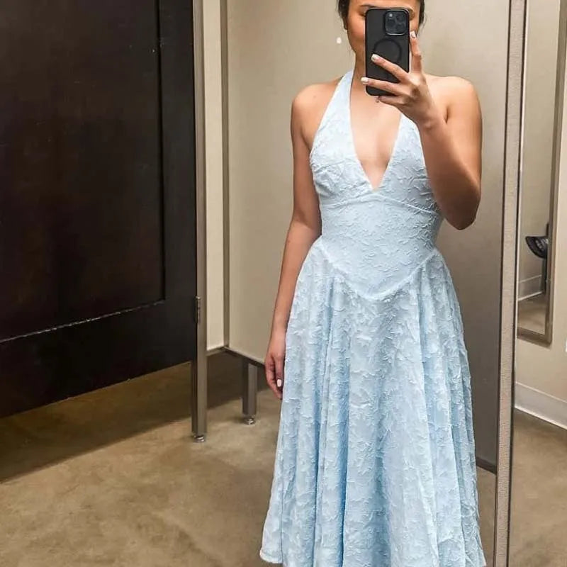 Sexy Backless Blue Jacquard Halter Holiday DressElegant A-line Midi Low Waist Summer Dresses Beach Robe