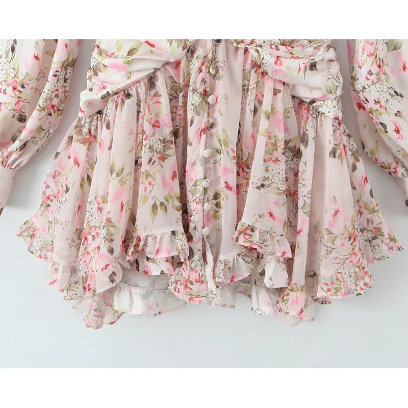 Autumn Boho Floral Print Ruffle Mini Dresses Long Sleeve V Neck Casual Holiday Lady Dresses