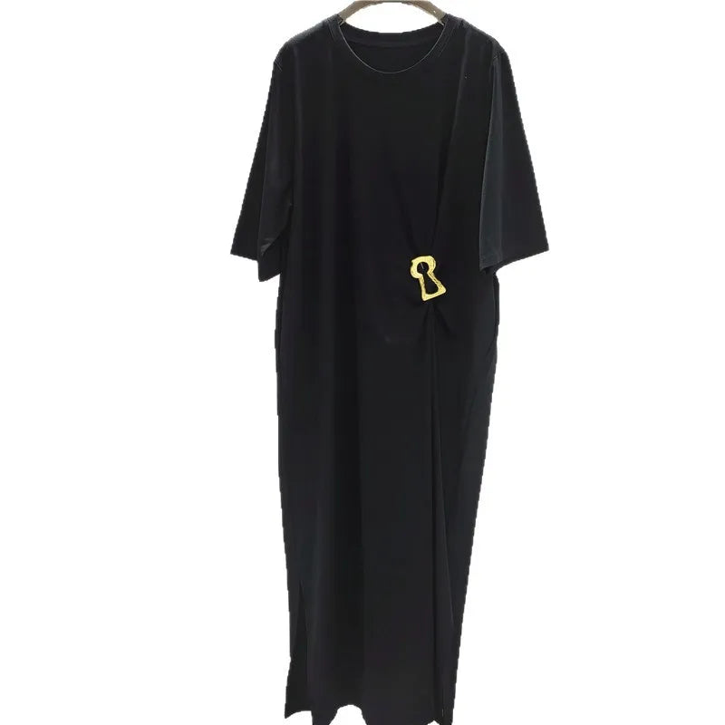 French Style Niche Metal Buckle Design Pleated Waist Short Sleeves Loose Casual Solid Color Dresses Summer
