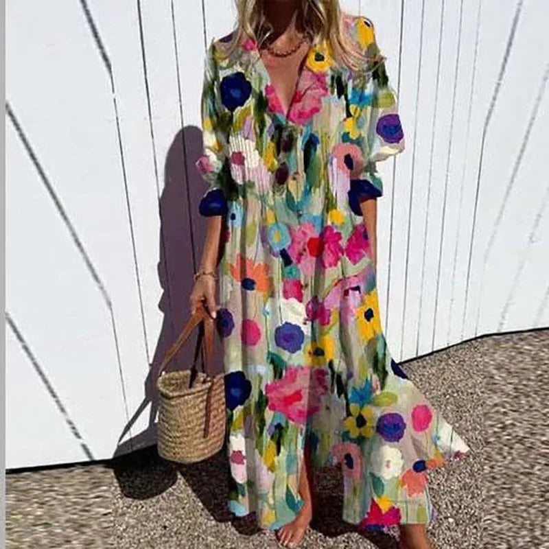 V-neck Single Breasted Shirt Dresses