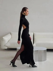 Temperament High Neck Long Sleeved Backless Waist Cinched Slim Fit Dresses