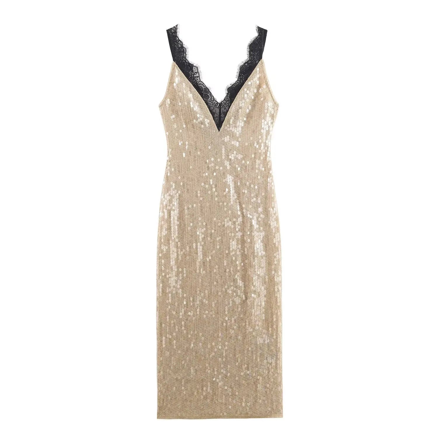 Romantic Lace Trim Sequin Dresses For Backless V Neck Sleeveless Party Sexy Dresses