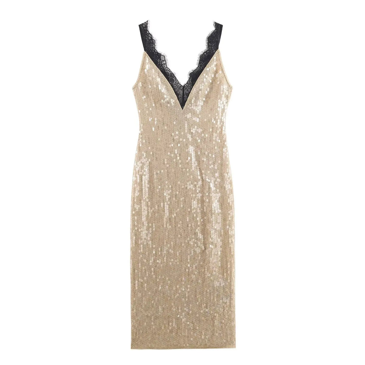 Romantic Lace Trim Sequin Dresses For Backless V Neck Sleeveless Party Sexy Dresses