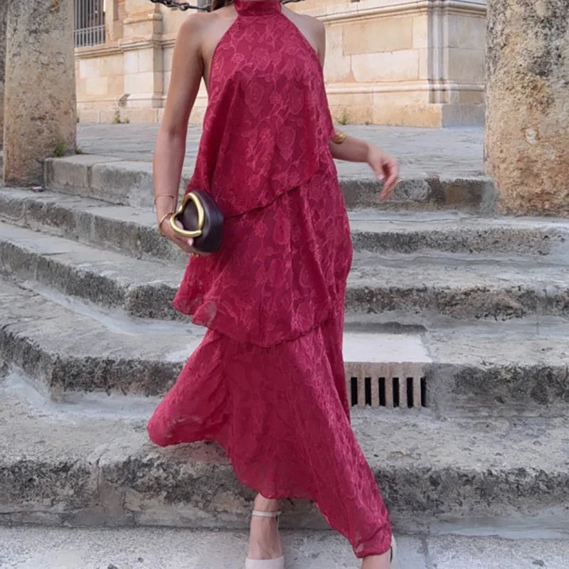 Red Printed Sleeveless Cake Long Dresses