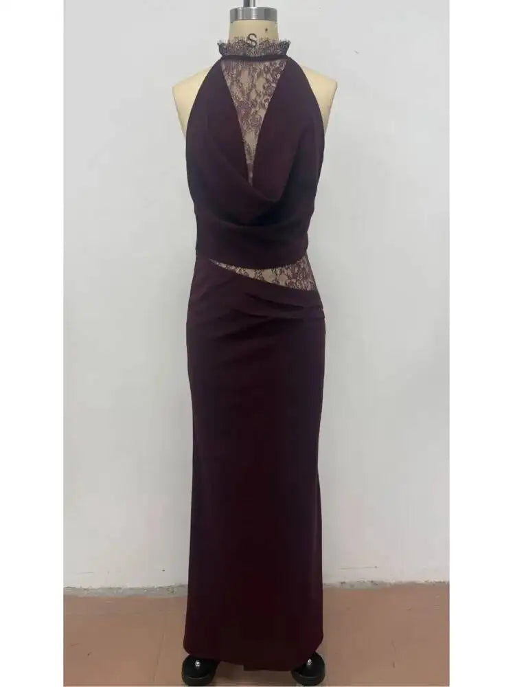 Elegant Halter Neck Sleeveless Lace Spliced Slim Fit Dresses