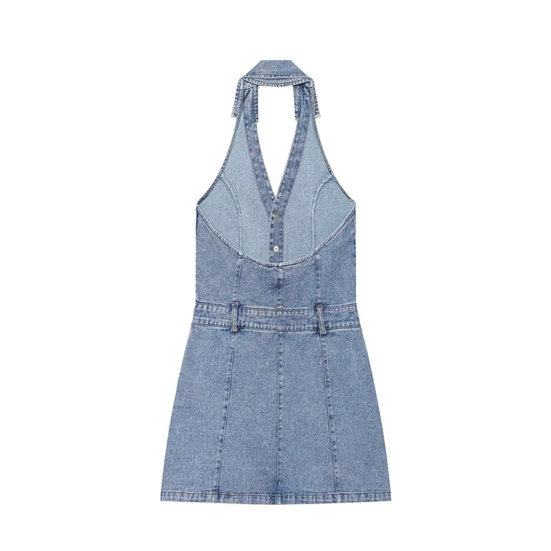 Light Blue Denim Halter Mini Dresses