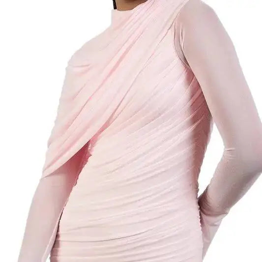 spring and autumn high neck full sleeves fake two pieces mesh spliced pleated asymmetrical Dresses